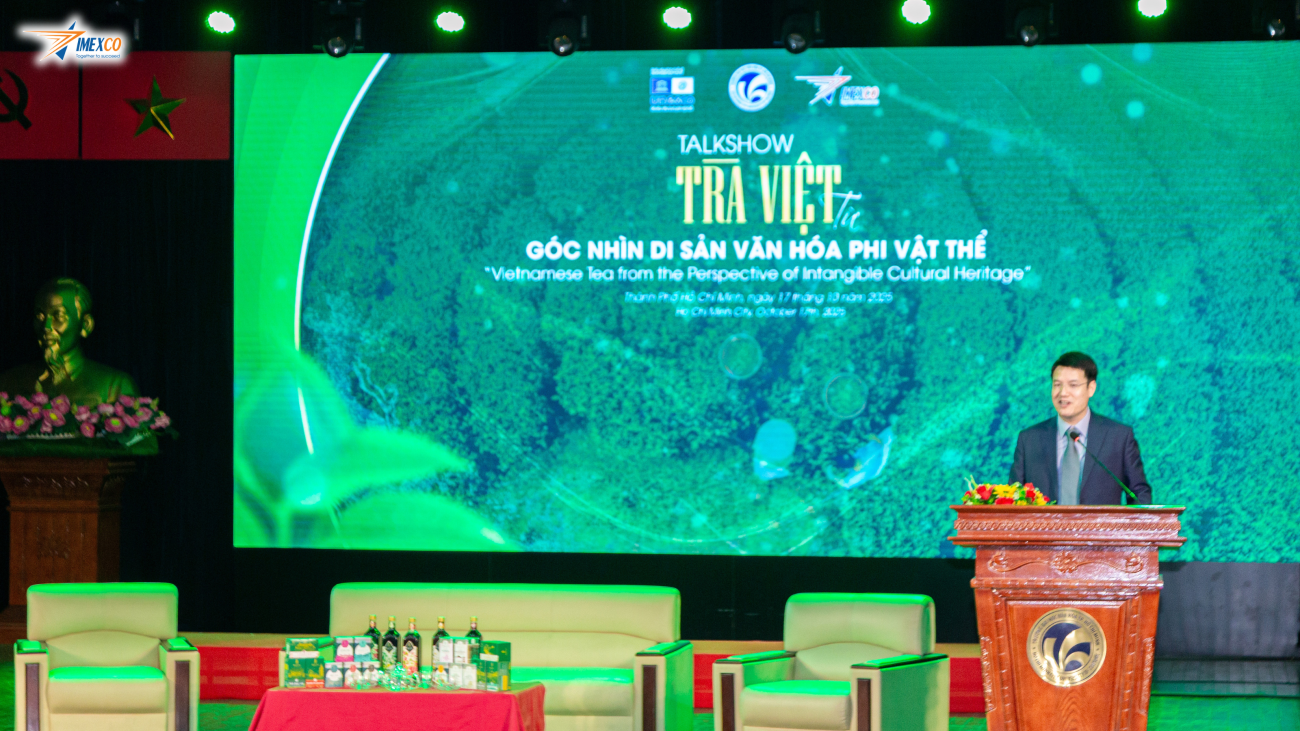 Ông Trần Mạnh Hảo phát biểu tại sự kiện, nhấn mạnh cam kết của IMEXCO trong việc thúc đẩy quá trình sản xuất và tiêu dùng trà bền vững